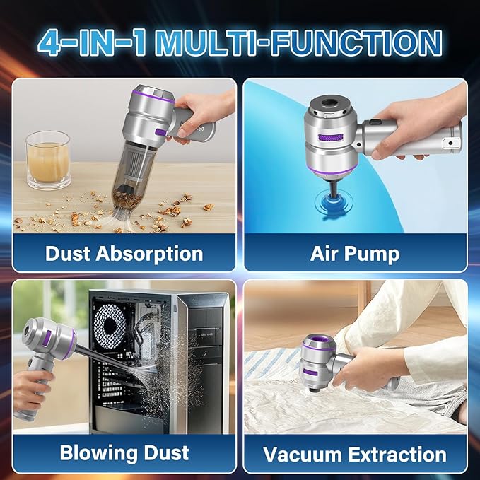 Koucen Car Vacuum Portable Cordless 20000pa High Power 4-in-1 Handheld Vacuum Cordless Rechargeable, Portable Vacuum with 3 Reusable Filter, Small Vacuums for Car Home Office & Pet(Silver Purple)