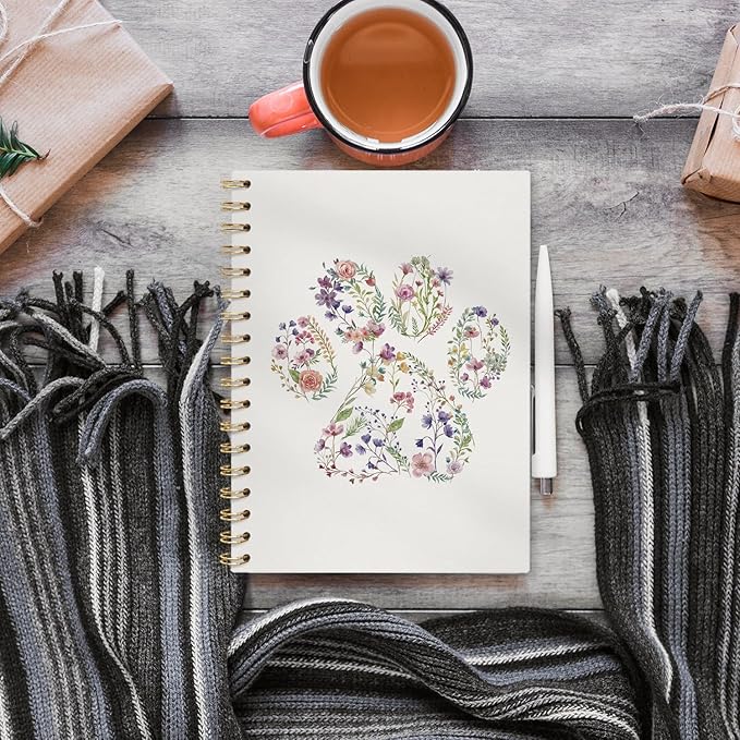Floral Dog Paw Journal Notebooks, Dog Pet Lovers Gifts College Ruled Notebooks for Note Taking, Dog Mom Gift Journal Journaling, Spiral Notebook 5.5x8.3