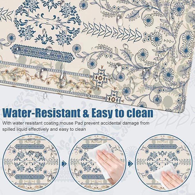 Beige Mouse Pad Desk Mat, Large Floral Desk Matt for Desktop, Cute DeskPad Mat, XXL Big Mouse Pad for Desks, Anti-Slip Mousepad with Stitched Edges, Keyboard Pad MouseMat Cover for Computer 35.4×15.7