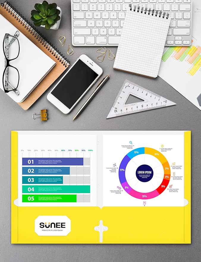 SUNEE Folders with Pockets 3 Hole Punched(50 Pack, Yellow), 2 Pocket Folders Fit Letter Size Paper, Paper File Folder for School Office Home Business