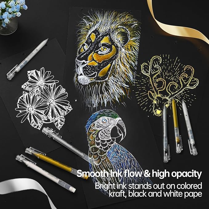 Gold Silver White Gel Pens, 1mm Fine Point Gel Ink Pen Opaque Archival Ink Pens for Black Paper Drawing, Sketching, Illustration, Card Making, Bullet Journaling, 6 Pack