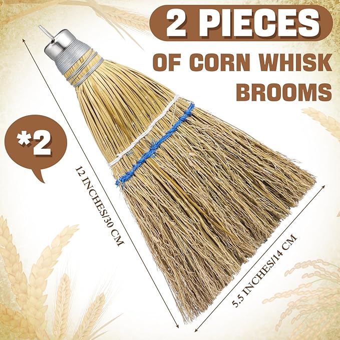 Suclain 2 Pcs 12 Inch Whisk Broom Hand Held Mini Corn Straw Whisk Broom Short Handle with Metal Hanger Halloween for Multi Surface Sweeping Small Hand Brush for Outdoor Car Porch Debris Dust Dirt