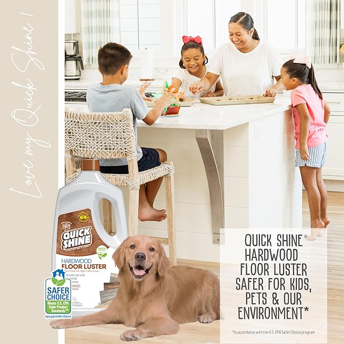 Quick Shine Hardwood Floor Luster-Polish 64oz-2pk Plant-Derived w/Carnauba Safer Choice, No PFAS, pH Neutral Ready to Use Formula w/Anti-Slip Technology Simply Squirt & Spread Made in USA