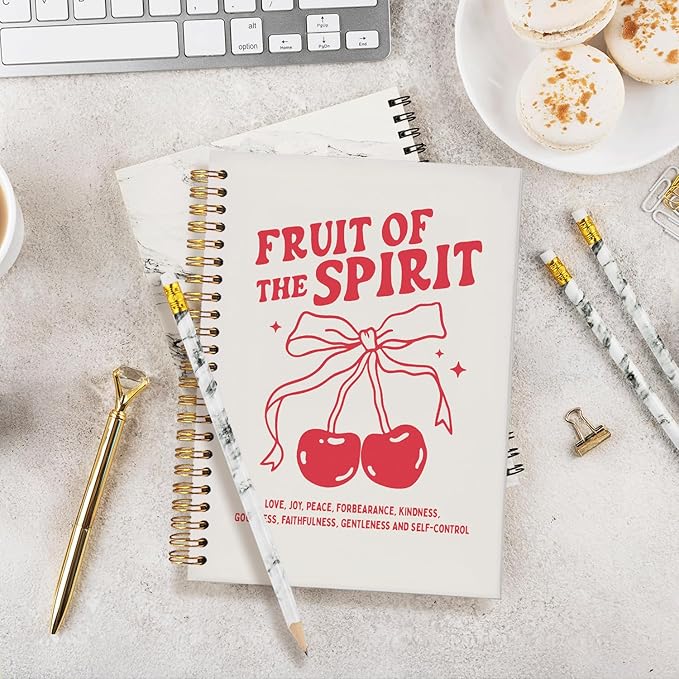 Gift for Woman Fruit of the Spirit Coquette Notebook,Pink Office Supplies,Cherry Bow Notepad A5, Preppy Aesthetic Christian-Inspired Notepad for Girls, Cute Spiral Stationery Gift 5.5x8.3