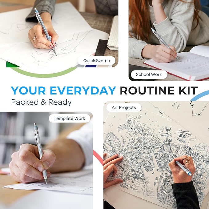 Nicpro 3 Pack Blocky Gear 0.7 mm Metal Mechanical Pencils Set with Case, Lead Drafting Pencil with 8 Tube (480PCS) Lead Refills(HB 2B), 4 Erasers, 18 Eraser Refills for Art Writing, Sketching Drawing