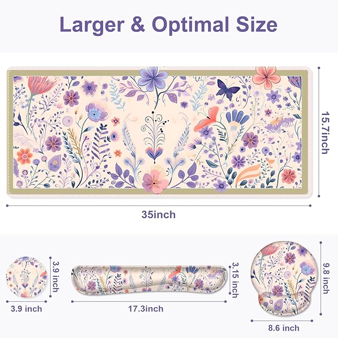 Cute Desk Mat, 4in1 Large Mouse Pad with Wrist Rest, Desk Matt for Desktop, Deskpad Mat, Anti-Slip XXL Computer Ergonomic Mousepad with Wrist Support for Keyboard and Mouse I Retro Purple Floral
