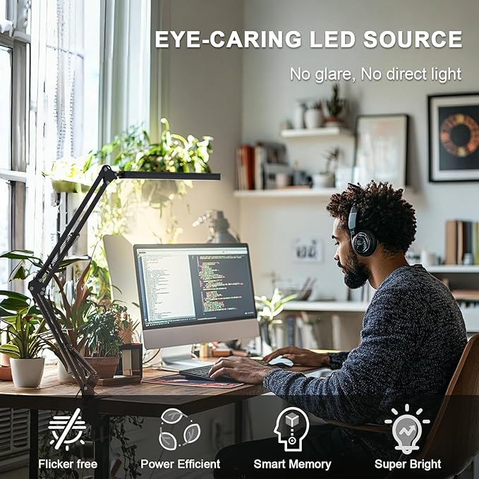 LED Desk Lamp for Home Office, Clamp-On with 5 Light Modes & Auto Shut Off | 14W Adjustable Brightness 5000K Eye-Caring Lighting for Study/Bedroom/Computer Desk