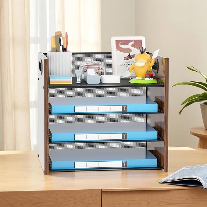 Wood Desk Organizer - 4-Tier Desktop File Organizer, Wooden Paper Organizer, Office Desk Organizer for Papers, Mail, Notebooks, Stationery