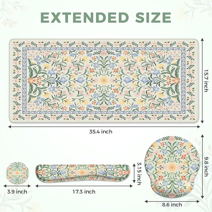 iCasso Desk Pad Mat, Large Mouse Pad and Keyboard Wrist Rest Set, Desk Protector Mat,4in1 Ergonomic Carpal Tunnel Keyboard Pad with Wrist Support for Desktop Cover Home Office Computer(Green Flowers)