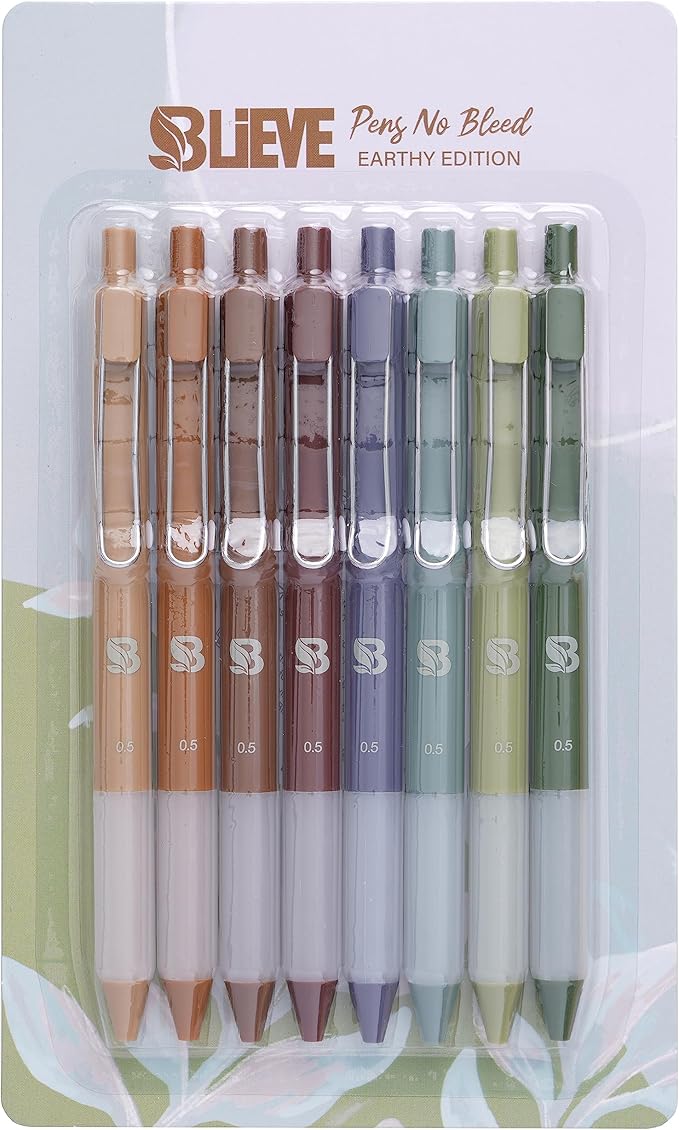 BLIEVE Gel Pens - Earthy, Matte Finish, Smooth Writing, No Bleed - For Journaling, Bible Notes, Drawing - Cute School Supplies, 8 Pack