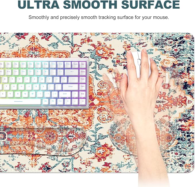 Keyboard Mouse Pad Set, Extended Gaming Mouse Pad +Keyboard Wrist Support +Mouse Wrist Rest +Coaster, 35.4x15.7 in XXL Large Ergonomic Desk Mat 4in1 Set for Home Office, Vintage Bohe