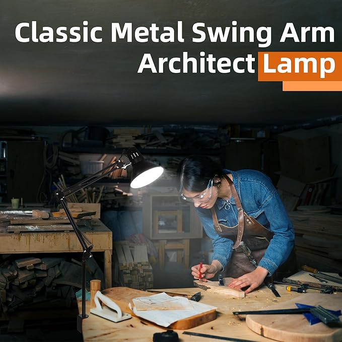 Hypool Desk Lamp w/A19 E26 LED Bulb for Home Office Eye-Caring Metal Extra Tall Swing Arm High Intensity Clamp Flexible Gooseneck Side Table Working Reading Computer Workbench 5000K White Light