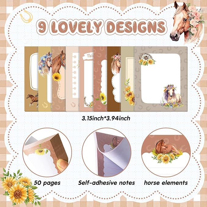 Sabary 9 Pads Cute Sticky Notes Animal Sticky Note Pads 3.15 x 3.94 Inches Colored Adhesive Memo Reminder Decor for Journal School Office Gifts(Horse)