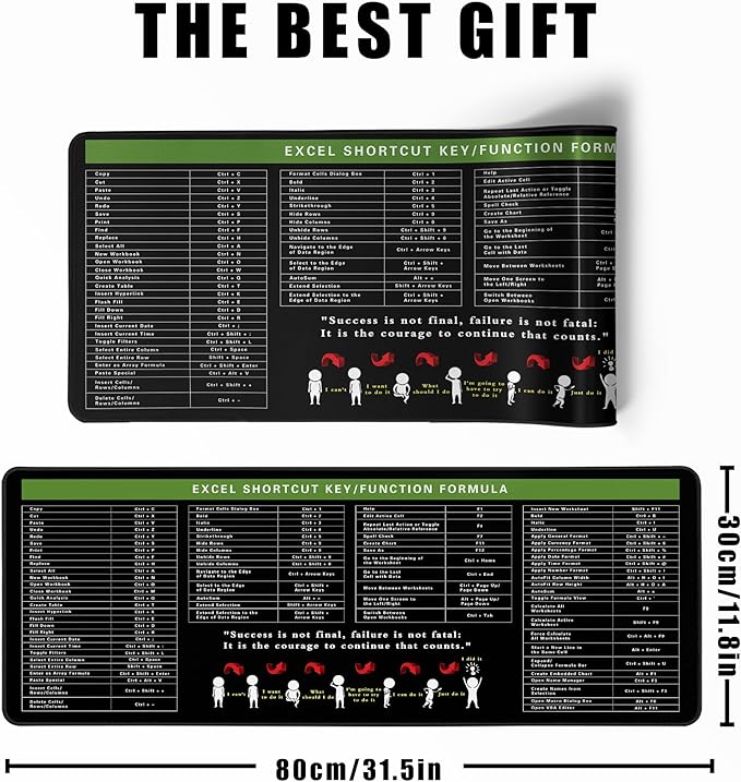 Excel Cheat Sheet Desk Pad Excel Shortcut Keys Mouse Pad Gaming Mouse Pad Desk Accessories Waterproof Non-Slip Large Computer Mat, 31.5x11.8 in (Excel Cheat Sheet)