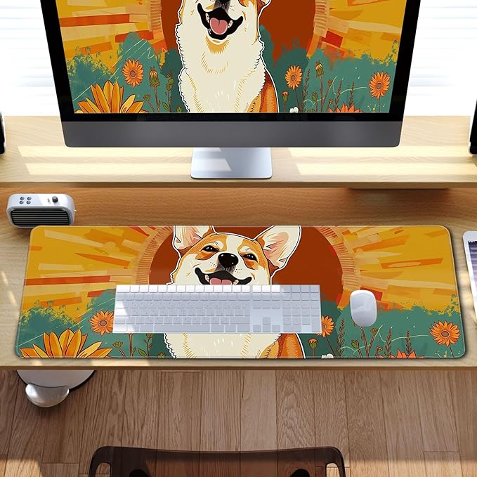 Cute Dog Mouse Desk Pad Kawaii Yellow Desk Mat Desk Decor Large Gaming Mouse Pad For Desk Mousepad Computer Office Keyboard Laptop Big Corgi Mouse Pad Xl(31.5x11.8 In)-With Non-Slip Base Stitched Eges