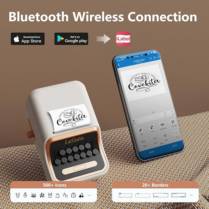 Wireless Mini Retro Label Maker Machine with Tape,Bluetooth Portable Thermal Sticker Printer for Phone,Small Business, Address, Logo, Qr Code, Food,Home, Kitchen,with 50×30mm Label (White)