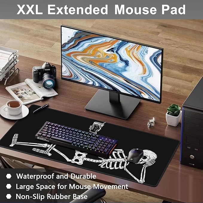 Mouse Pad, Large Skeleton with Cocktail Desk Mat, Extended Non-Slip Gaming Keyboard Mousepad Desk Pad, Thick Stitched Edges Waterproof Mouse Mat 31.5"x15.7" (Human Skeleton)