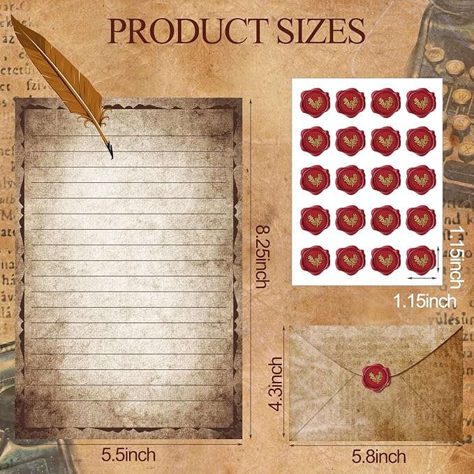 TaoBary 160 Pcs Stationery Paper Set 50 Double Sided Stationery Papers with 50 Matching Envelopes and 60 Round Dot Sticker, 10 Design(Vintage Antique,5.5 x 8.25 Inch)