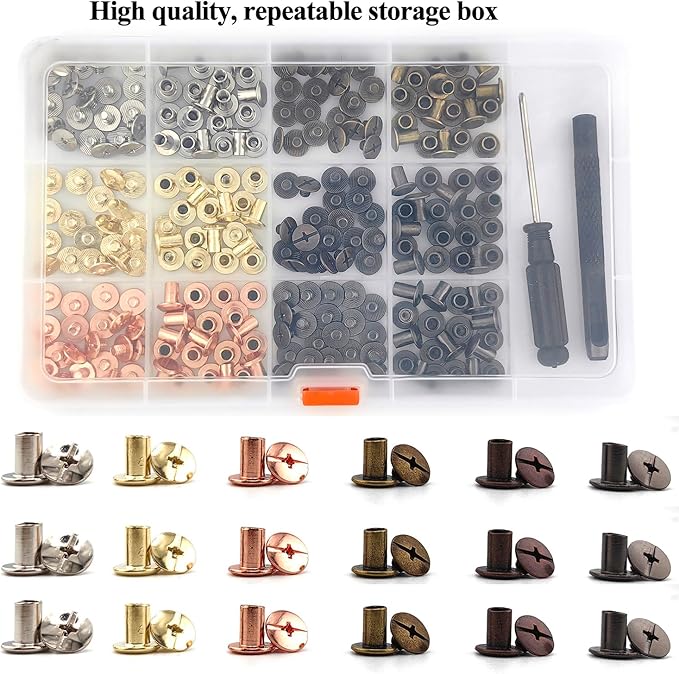 120 Sets Chicago Screws with Hole Puncher and Screwdriver Assorted Kit 6 Color Leather Rivets Screw Flat Fillister Book Binding Posts Nail Rivet Chicago Bolts for DIY Leather Craft (5×8mm)