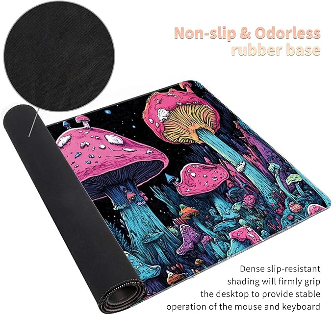 Desk Mat Large Gaming Mouse Pad (31.5x11.8 inch) with Stitched Edges, XL Mouse Pad +Coaster, Extended Mouse Mat Keybroad Mousepad Non-Slip Rubber for Gamer Men Women, Magic Mushrooms