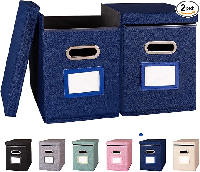 2 Pack Hanging File Folders Organizer with Lid, Letter Size Fabric File Storage Box Collapsible, Portable Office Document Holder with Metal Handle, Smooth PVC Rails, Blue