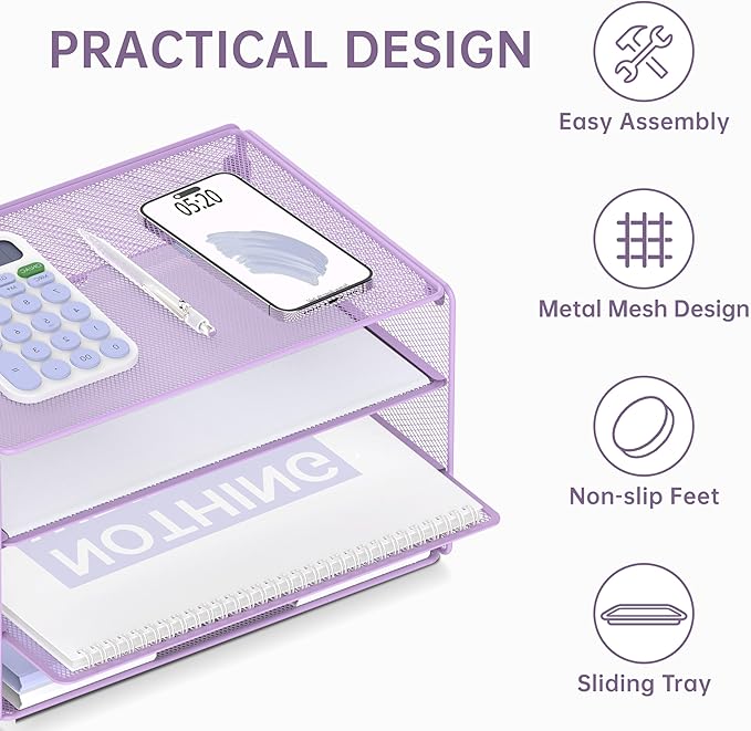 DALTACK 3 Tier Letter Tray Paper Organizer Mesh Metal Desk File Organizer for Home & Office, Light Purple