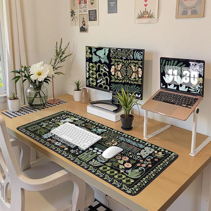 HAOCOO Black XXL Mouse Pad, Floral Desk Mat for Keyboard and Mouse, Vintage Keyboard Mat with Non-Slip Rubber Base, Water-Resistant Desk Pad Mat with Stitched Edges for Office