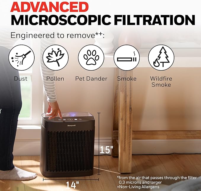 Honeywell HEPA Air Purifier for Home, 938 sq ft Rooms in 1 Hour, Turbo Clean, Reduces Allergens, Dust, Pollen, Pet Dander, All Smoke Types, Odors, Black, HPA5100B