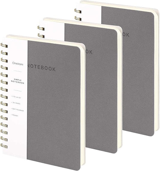 Lined Spiral Notebook College Ruled A5 Journal Book for Note Taking, 160 Pages Writing Journal for Office and Home School Supplies 5.75x8.125 inch (3pack-Grey)