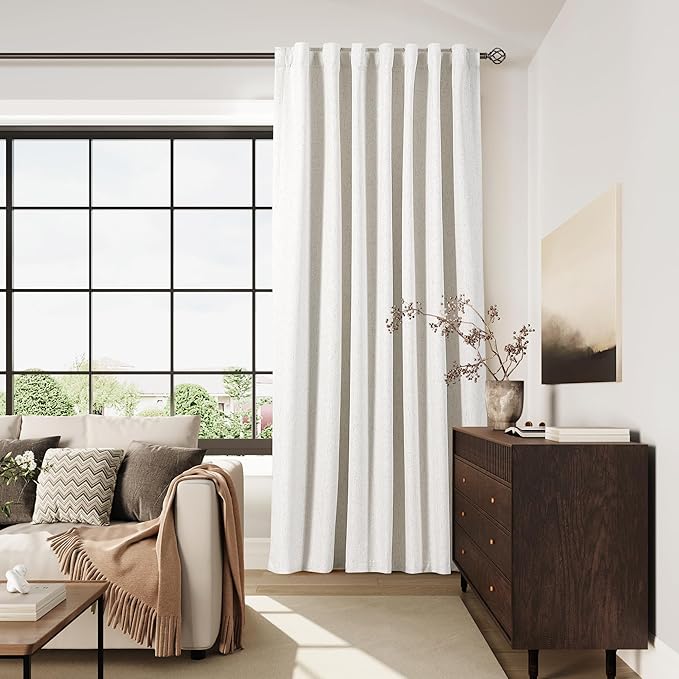 Nanspring 100% Blackout Linen Curtains 102 Inches Long 1 Panel for Bedroom Back Tab Pinch Pleated Black Out Curtain Neutral Cream Noise Cancelling Light Blocking Window Curtain 60x102