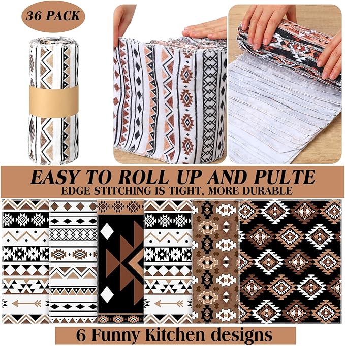 36 Pack Reusable Cleaning Cloths Washable Cotton Kitchen Towels for Home(Western Aztec,Brown)