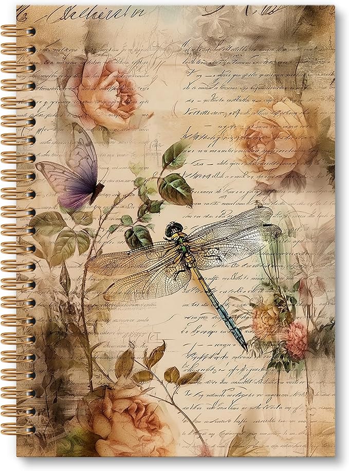 Vintage Dragonfly Notebook Journal - Dragonflies Floral Flower Spiral Notebook, Vintage Notebooks Dragonfly Gifts for Women, Shabby Chic Decor Dragonflies School Office Supplies, 6x8.2In