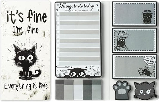 B1ykin Sticky Notes Set - Cartoon Theme Cute Self-Stick Notes Pad Teacher Appreciation Gifts， Self-Adhesive Writing Memo Pages Sticky to Do Notepad for Kids Employee School Office (Funny Black Cat)