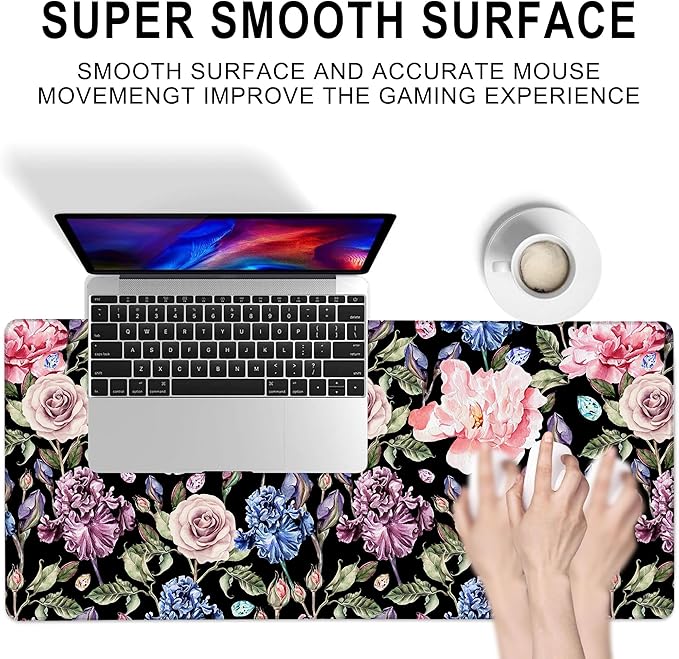 Gaming Mouse Pad, Watercolor Rose Peony and Iris Flower Large Desk Mat for Keyboard and Mouse,Non-Slip Rubber Base and Stitched Edges Desk Pad for Home Office 35.4x15.7in