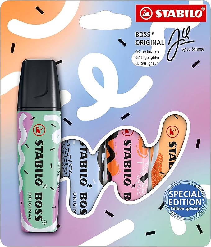 STABILO Highlighter BOSS ORIGINAL Pastel by Ju Schnee - Pack of 4 - Hint of Mint, Cloudy Blue, Frozen Fuchsia, Pale Orange