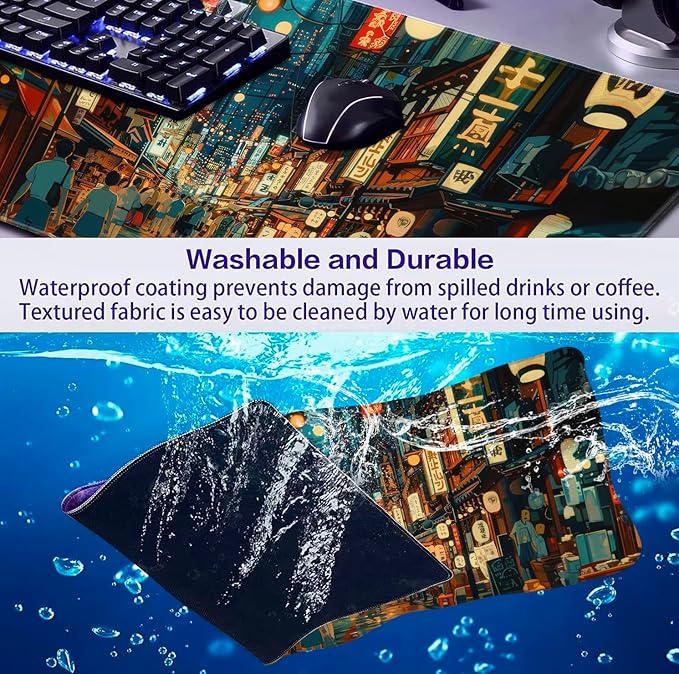 Cute Japanese Street Desk Mat, Anime Tokyo Street Night Scene Large Mouse Mat XXL, Computer Desk Mat 35.4 x 15.7 x 0.12 Inches