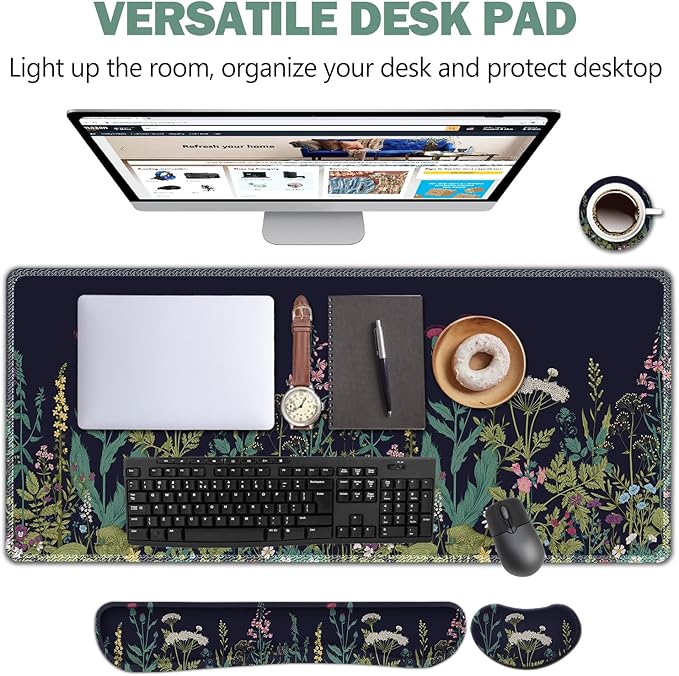 AIMSA Large Gaming Mouse Pad Set, Keyboard Wrist Rest Support + Extended Mouse Pad + Mouse Wrist Cushion + Coaster, Ergonomic Multifunctional Desk Mat 35x15.7in Anti-Slip Rubber Base (Flowers Plants)