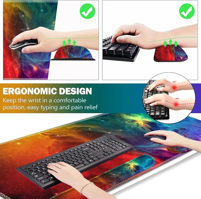 ARTSO Extended Gaming Mouse Pad Set, Keyboard Wrist Rest Support Pad + Wrist Cushion + XXL Large Mouse Pad + Coaster, Stitched Edge, Non-Slip, Memory Foam Desk Mat, Color Nebula Galaxy