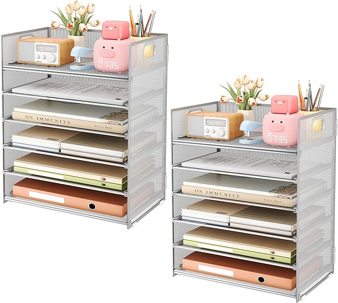 Subekyu 6-Tier Desk Paper Organizer, Desktop File Letter Tray with Handle, Document Sorter and Accessories Holder for Office, Home and School Workspace Organizers, Silver - 2 Pack