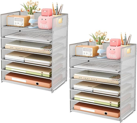 Subekyu 6-Tier Desk Paper Organizer, Desktop File Letter Tray with Handle, Document Sorter and Accessories Holder for Office, Home and School Workspace Organizers, Silver - 2 Pack
