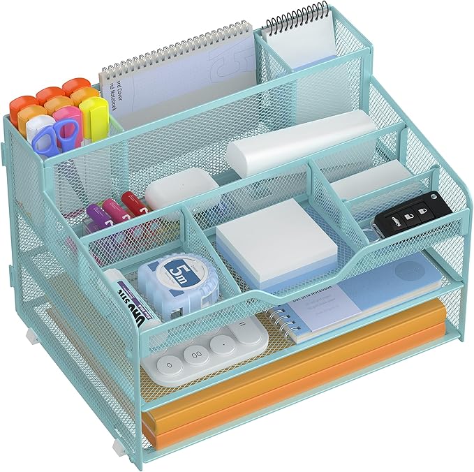 Docnest 3 Tier Mesh Desk Organizer for Paper Office Supplies – Multi-Functional Letter Tray with 5 Adjustable Compartments, 3 Pen Holders, Desktop Storage for Files, Mail, Stationery – Blue