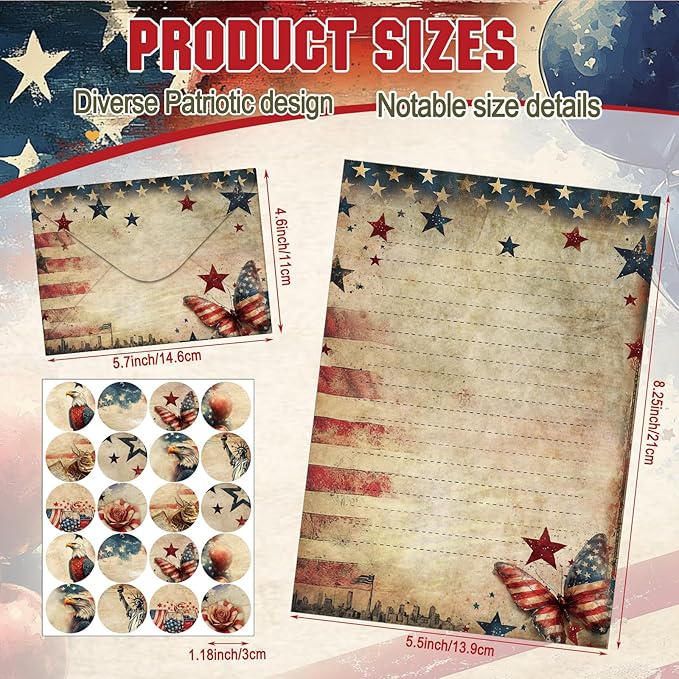 TaoBary 160 Pcs Stationery Paper Set 50 Double Sided Stationery Papers with 50 Matching Envelopes and 60 Round Dot Sticker, 10 Design(Retro Independence Day,5.5 x 8.25 Inch)