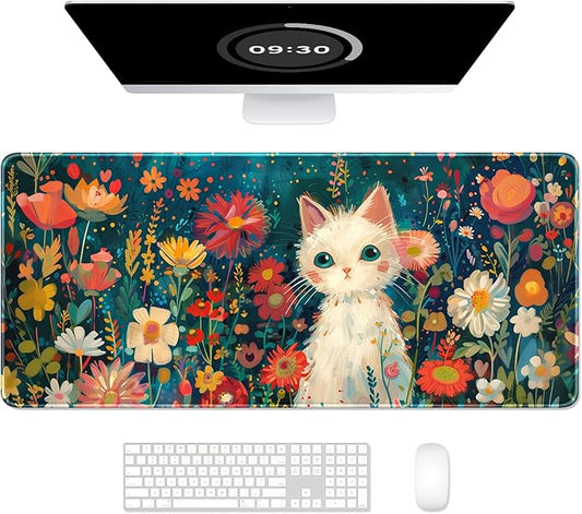 Auhoahsil Large Gaming Mouse Pad, Cat Theme XXL 35.4 x 15.7 in Desk Pad Stitched Non-Slip Rubber Long Computer Mousepad Thin Extended Full Size Desk Mat for Desktop, Laptop, Wireless Mice, Red Black