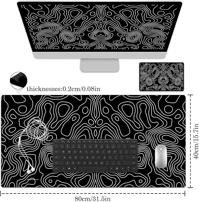 Black Topographic Desk Pad Protector, Stitched Edges Mouse Pad, Large Office Desk Mat, Non-Slip Desk Blotter, Laptop Desk Pad, Desk Writing Pad for Office and Home (31.5" x 15.7 ")