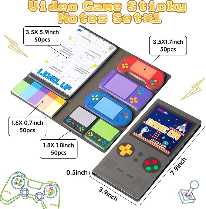 B1ykin Sticky Notes Set - Cartoon Theme Cute Self-Stick Notes Pad Teacher Appreciation Gifts， Self-Adhesive Writing Memo Pages Sticky to Do Notepad for Kids Employee School Office (Video Game)