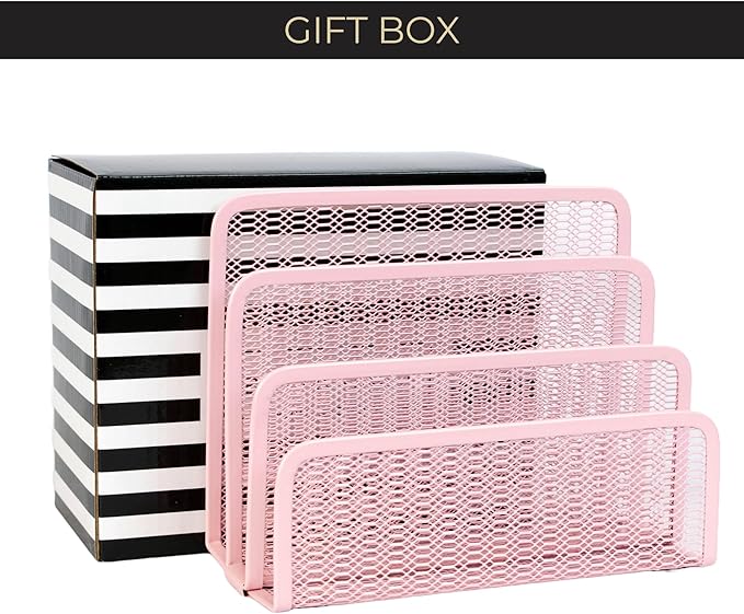 BLU MONACO Pink Metal Mesh Letter Sorter – 3-Slot Mail Organizer for Desk, Office & Home – Space-Saving Vertical Mail Holder for Envelopes, Documents & Files – Stylish Desk Organizer