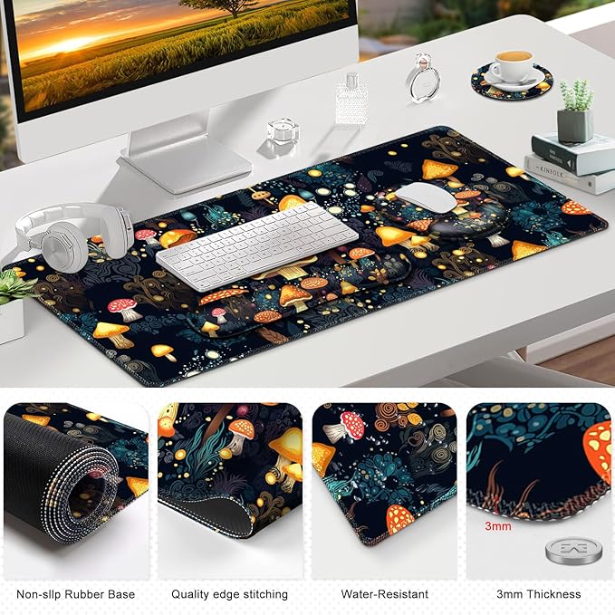 Gaming Mouse Pad, Large Desk Mat, Cute Desk Pad Protector, 4in1 XXL Mousepad + Keyboard Wrist Rest+Mouse Wrist Rest+Coaster Set with Ergonomic Desk Pad for Home Office Table Computer, Lovely Mushroom