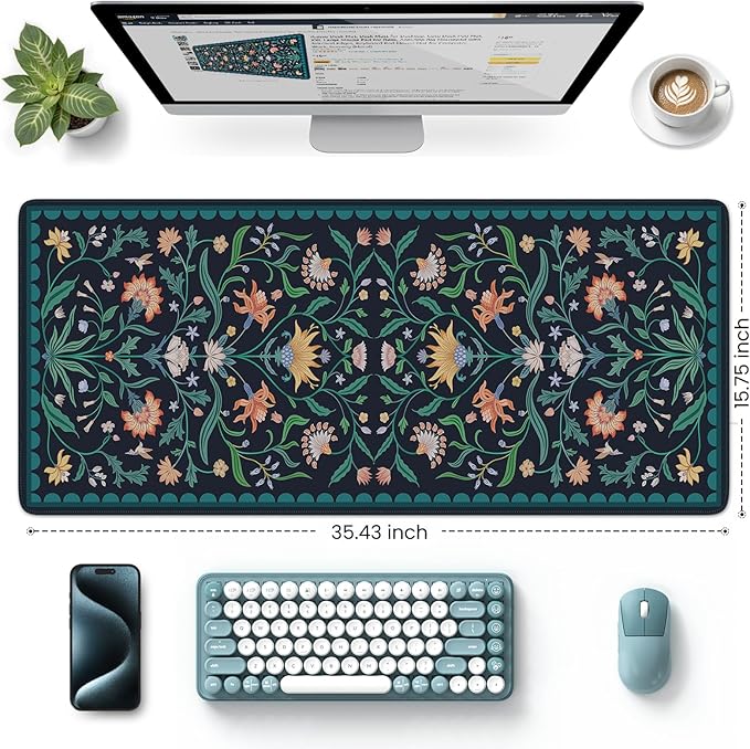 HAOCOO Navy Blue Iris Desk Mat, Large Mouse Pad, Non-Slip Keyboard Mat, Water-Resistant Computer Pad with Edge Stitching, Vintage Floral Desk Cover Mat, Desk Protector for Office, Home