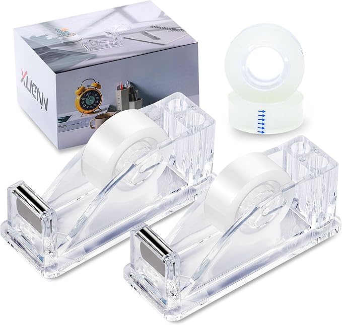 2-Piece Acrylic Tape Dispenser Desk - Durable, Stylish, and Versatile for Home, Office, or School - Fits Standard Tape Rolls - Desktop Convenience for Easy Organization（Silvery）