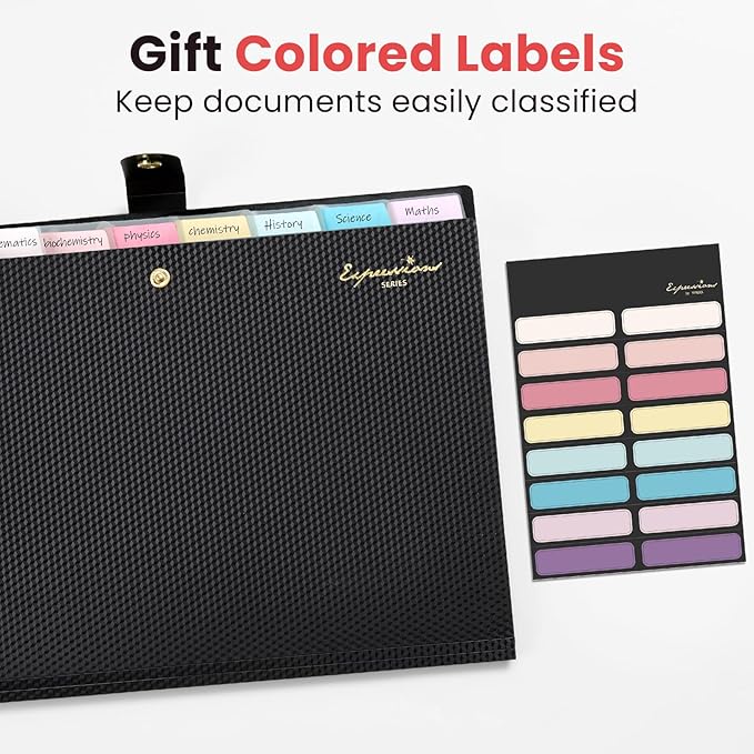 Sooez Accordion File Organizer, 8 Pocket Expanding File Folder with Labels, Letter Size Folders for Documents, Portable Paper Bill Receipt Organizer for Home School Office Supplies, Black